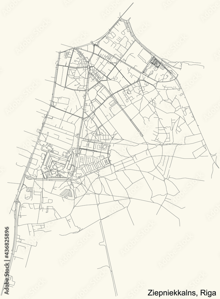 Black simple detailed street roads map on vintage beige background of the quarter Ziepniekkalns neighbourhood of Riga, Latvia