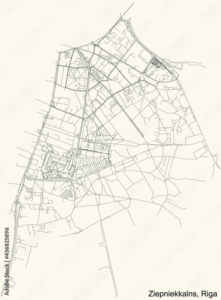 Fototapeta premium Black simple detailed street roads map on vintage beige background of the quarter Ziepniekkalns neighbourhood of Riga, Latvia