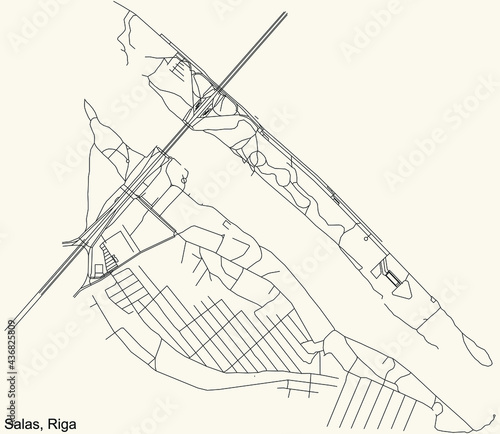 Black simple detailed street roads map on vintage beige background of the quarter Salas neighbourhood of Riga, Latvia
