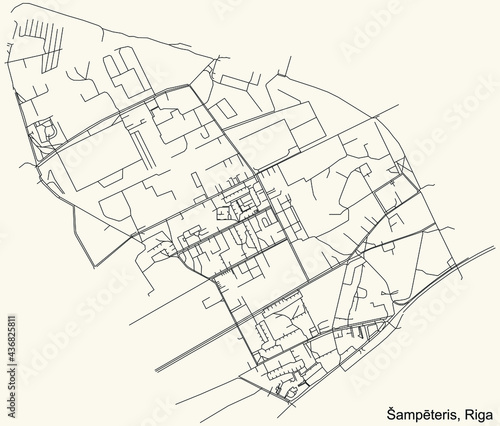 Black simple detailed street roads map on vintage beige background of the quarter Šampēteris neighbourhood of Riga, Latvia