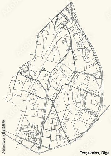 Black simple detailed street roads map on vintage beige background of the quarter Torņakalns neighbourhood of Riga, Latvia