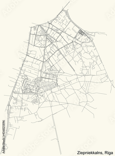 Black simple detailed street roads map on vintage beige background of the quarter Ziepniekkalns neighbourhood of Riga, Latvia