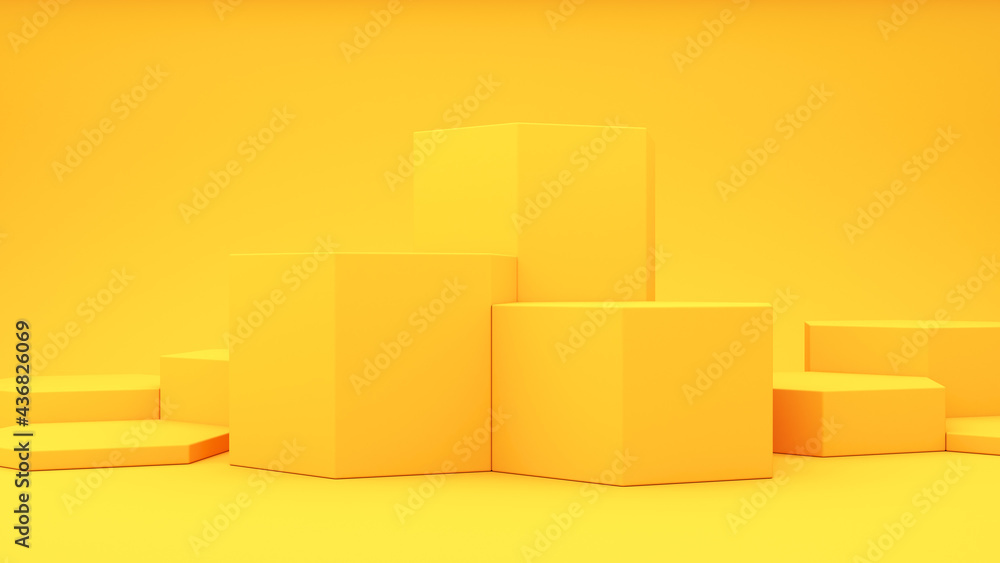 Presentation stand on a yellow background. Lots of hexagonal presentation stands. 3d render illustration for advertising. Presentation stand on a yellow background. Lots of hexagonal presentation stands. 3d render illustration for advertising.