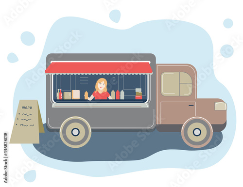 Street food market, festival. Fast food truck. Flat illustration. Girl with face mask, virus protection, outdoor restaurant