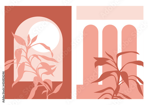 Abstract contemporary aesthetic background set with plants, leaf branch, arches with columns, Sun. Earth tones, terracotta colors. Boho wall decor. Mid century modern minimalist art print. 
