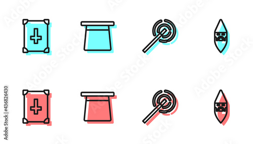 Set line Magic wand, Ancient magic book, hat and Wizard warlock icon. Vector