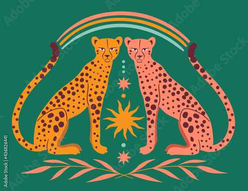 Cute Leopards, Sun, rainbow, stars, floral branch. Modern abstract art. Boho style. Mid Century print. Cosmic minimalistic scene. Protect wild animals poster. Magic concept. Vintage inspired art 