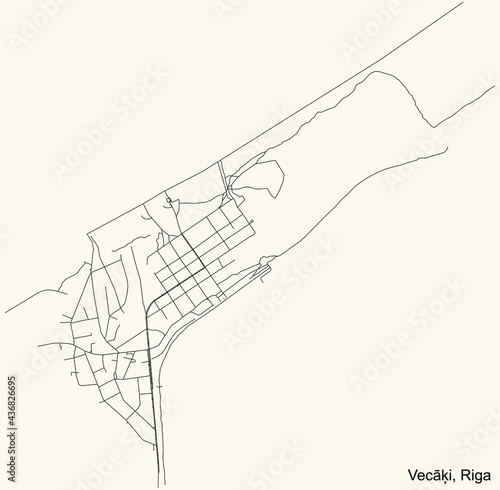 Black simple detailed street roads map on vintage beige background of the quarter Vecāķi neighbourhood of Riga, Latvia