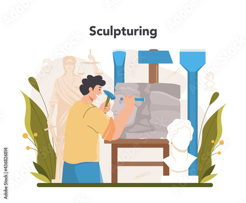 Sculptor concept. Creating sculpture of the marble, wood and clay.