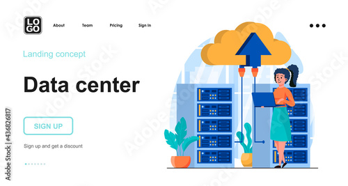 Data center web concept. Woman works in server room racks, supports work of cloud technologies. Template of people scenes. Vector illustration with character activities in flat design for website