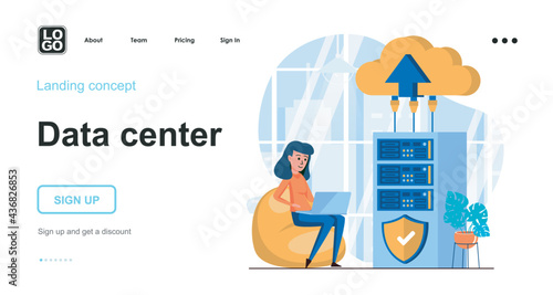 Data center web concept. Engineer works in server room, cloud storage or computing, data protection. Template of people scenes. Vector illustration with character activities in flat design for website