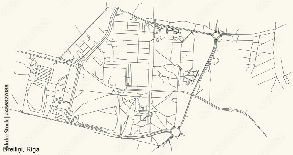 Black simple detailed street roads map on vintage beige background of the quarter Dreiliņi neighbourhood of Riga, Latvia