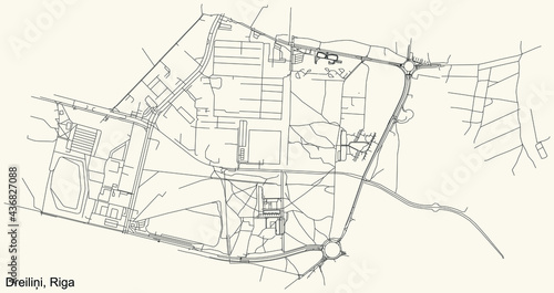 Black simple detailed street roads map on vintage beige background of the quarter Dreiliņi neighbourhood of Riga, Latvia
