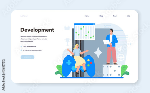 Video game development web banner or landing page. Creative process