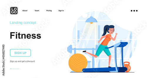 Fitness training web concept. Woman jogging on treadmill in gym, cardio training, healthy lifestyle. Template of people scenes. Vector illustration with character activities in flat design for website