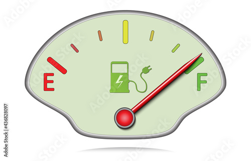 Electric and hybrid car charging indicator with red pointer. Charging level illustration on black background to use in eco car, electric vehicle battery charging projects.