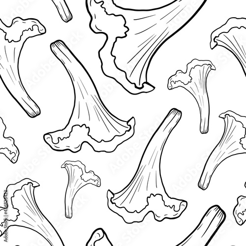 Chanterelle mushrooms seamless pattern on an isolated white background. Forest, mushroom print for textiles in doodle style. Black-white pattern. Vector illustration.
