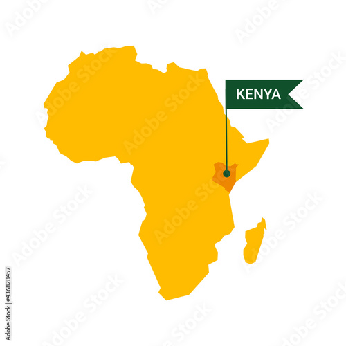 Kenya on an Africa s map with word Kenya on a flag-shaped marker.