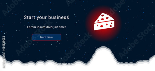 Business startup concept Landing page screen. The cheese symbol on the right is highlighted in bright red. Vector illustration on dark blue background with stars and curly clouds from below