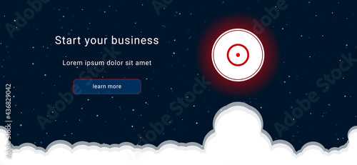 Business startup concept Landing page screen. The gramophone record symbol on the right is highlighted in bright red. Vector illustration on dark blue background with stars and curly clouds from below