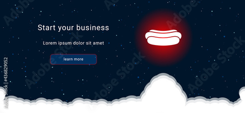 Business startup concept Landing page screen. The hotdog symbol on the right is highlighted in bright red. Vector illustration on dark blue background with stars and curly clouds from below