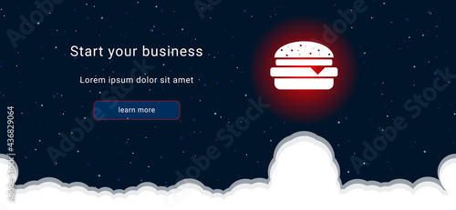 Business startup concept Landing page screen. The hamburger symbol on the right is highlighted in bright red. Vector illustration on dark blue background with stars and curly clouds from below