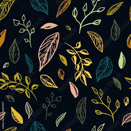 Seamless pattern of colored leaves and twigs on a blue background. Forest, graphic print for textiles in doodle style. Vector illustration.