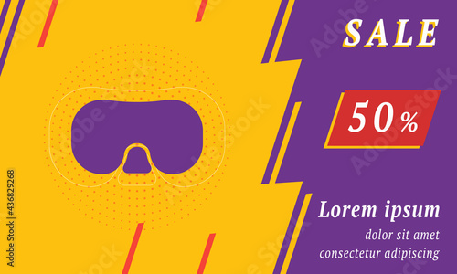 Sale promotion banner with place for your text. On the left is the diving goggles symbol. Promotional text with discount percentage on the right side. Vector illustration on yellow background