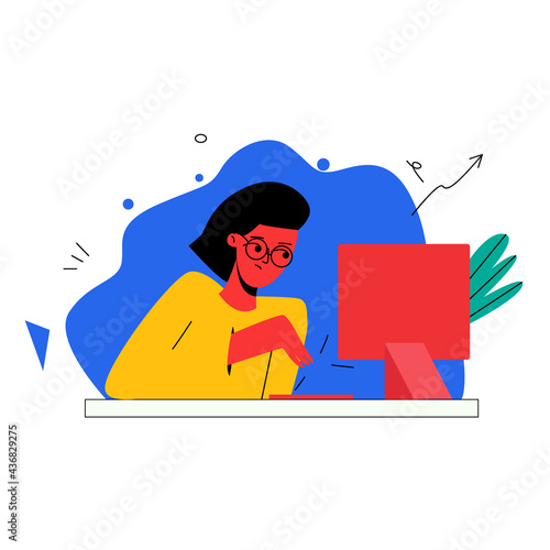 Young woman freelancer works remotely from her apartment. Girl working on laptop. Freelance or studying concept. Cute illustration in flat style.