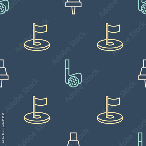 Set line Golf tee, hole with flag and club ball on seamless pattern. Vector
