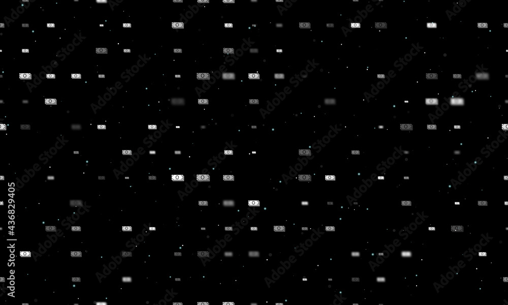 Seamless background pattern of evenly spaced white money bundle symbols of different sizes and opacity. Vector illustration on black background with stars Seamless background pattern of evenly spaced white money bundle symbols of different sizes and opacity. Vector illustration on black background with stars