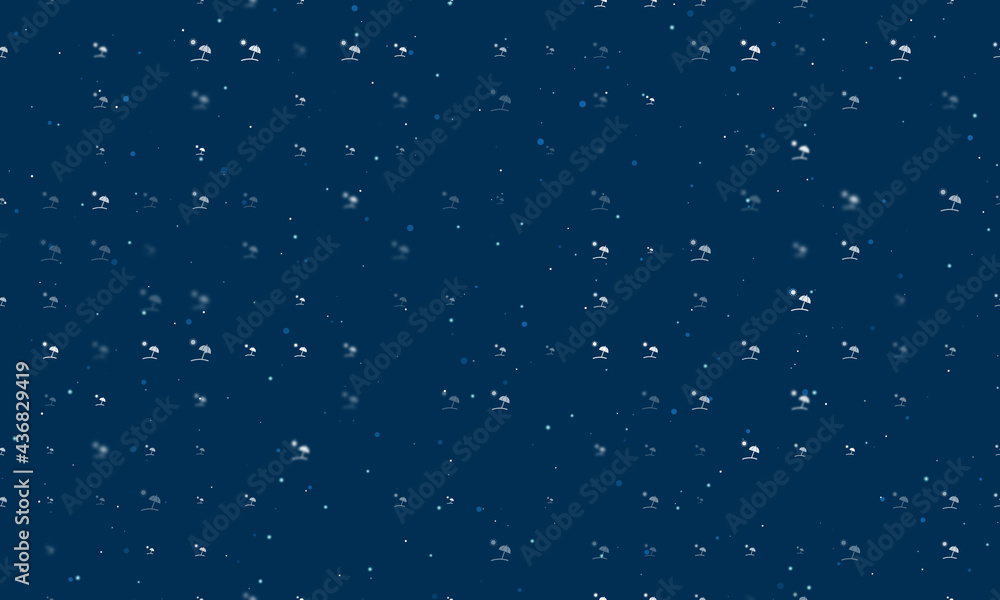 Seamless background pattern of evenly spaced white beach symbols of different sizes and opacity. Vector illustration on dark blue background with stars Seamless background pattern of evenly spaced white beach symbols of different sizes and opacity. Vector illustration on dark blue background with stars