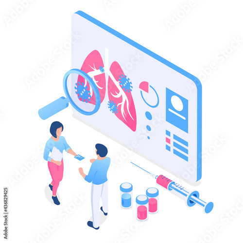 Concept of respiratory disease symptoms and diagnostics,lung research, treatment prescribing.The man turned to the doctor for help.Vector illustration in isometric style. Isolated on white background