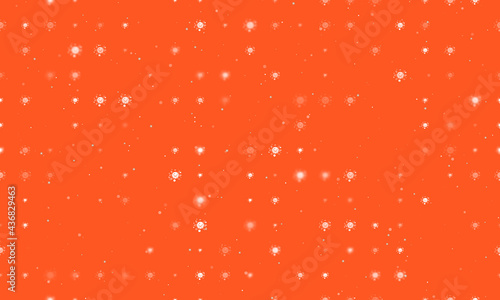 Seamless background pattern of evenly spaced white cosmic symbols of different sizes and opacity. Vector illustration on deep orange background with stars