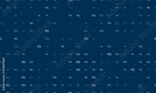 Seamless background pattern of evenly spaced white yes symbols of different sizes and opacity. Vector illustration on dark blue background with stars