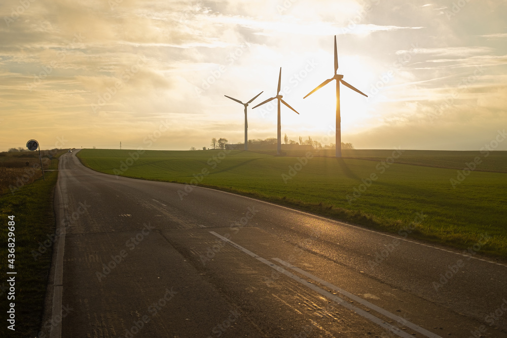 Obraz premium Wind turbines at sunset