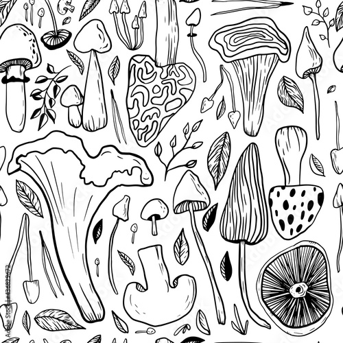 Mushrooms and leaves seamless pattern on an isolated white background. Forest, mushroom print for textiles in doodle style. Black-white pattern. Vector illustration.