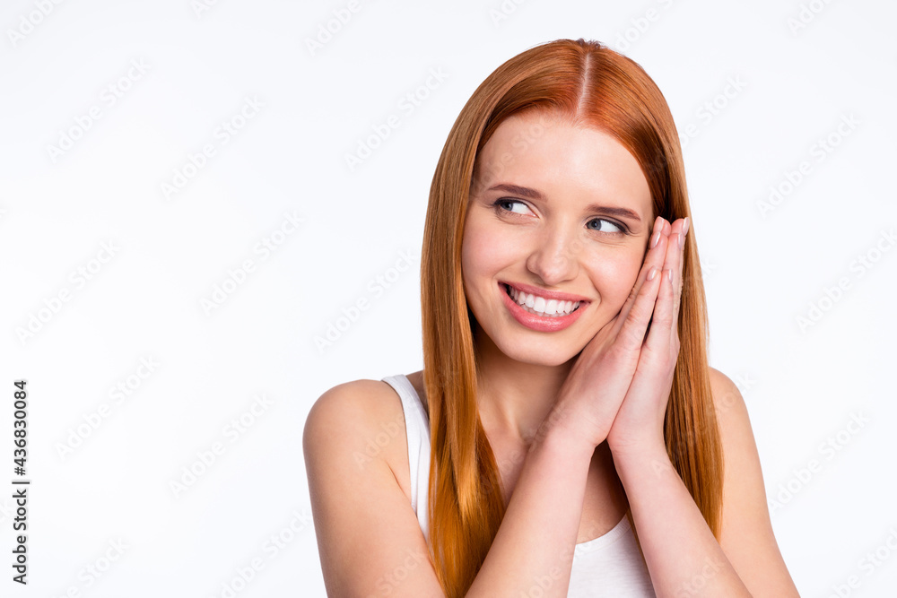Photo of positive cute ginger hairdo lady sleep look empty space wear white top isolated on bright color background Photo of positive cute ginger hairdo lady sleep look empty space wear white top isolated on bright color background