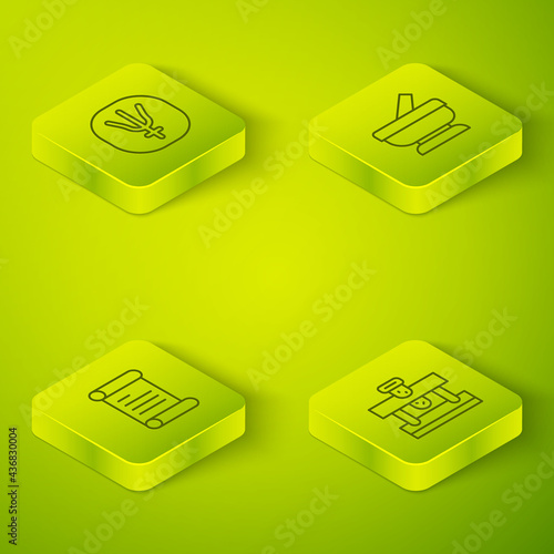 Set Isometric line Mortar and pestle, Decree, parchment, scroll, Bottle with potion and Neptune planet icon. Vector