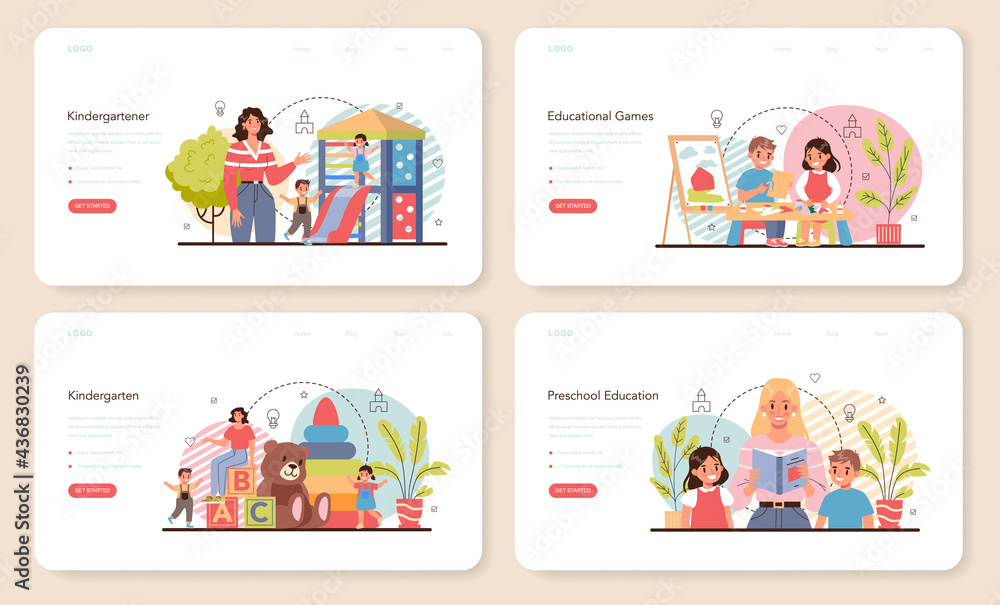 Kindergartener web banner or landing page set. Professional nany and children Kindergartener web banner or landing page set. Professional nany and children