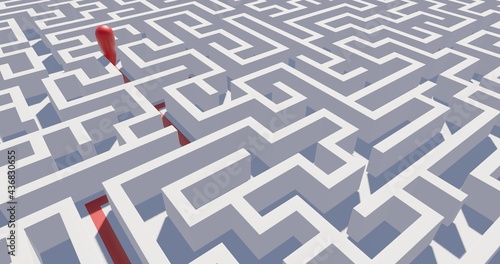 White maze with a red line passing through it 3d illustration