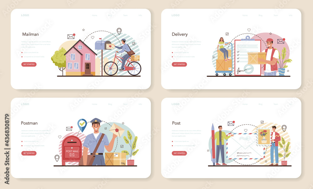 Postman web banner or landing page set. Post office staff providing mail Postman web banner or landing page set. Post office staff providing mail