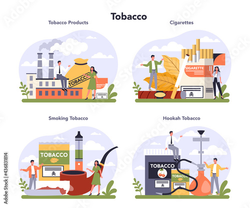 Tobacco production industry sector of the economy set. Smoking products