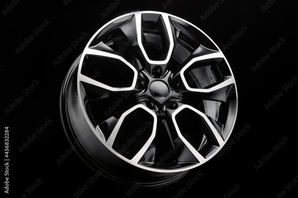 car suv alloy wheel, powerful wheel design, split spokes color black with polished front part, new modern auto tuning detail