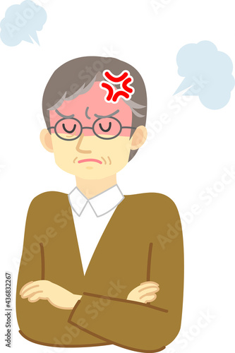 イラスト素材：喜怒哀楽　眼鏡をかけた年配男性の上半身の怒りマーク付き
