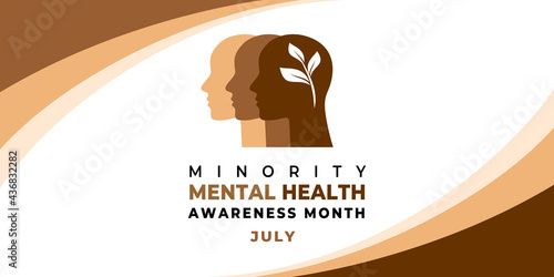 Minority Mental Health Awareness Month. Vector web banner for social media, poster, card, flyer. Text Minority Mental Health Awareness Month, July. Human head, a plant with leaves on white background.