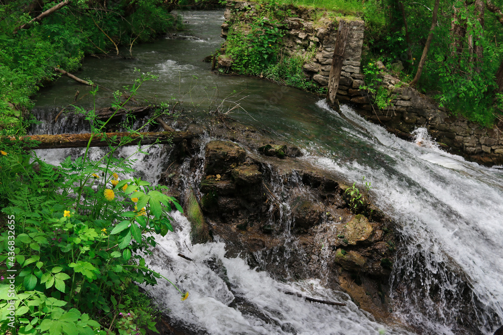 A small waterfall in the forest. Bright juicy greens and splashes of water. A quiet and peaceful place for family holidays A small waterfall in the forest. Bright juicy greens and splashes of water. A quiet and peaceful place for family holidays