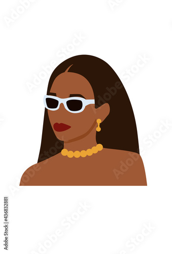 Abstract faceless portrait of black woman in sunglasses and jewelry. Beautiful summer female person. Trendy vector illustration isolated on white bachground