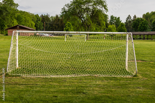 view of a youth soccer field in a city park