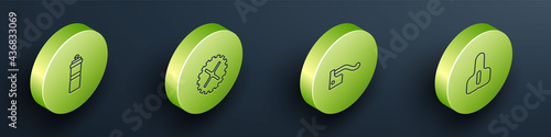 Set Isometric line Sport bottle with water, Bicycle sprocket crank, brake and seat icon. Vector